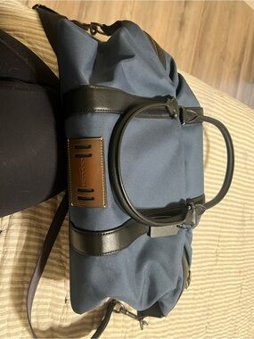 Coach Blue Canvas Duffel with Black Leather Trim and Brown Patch